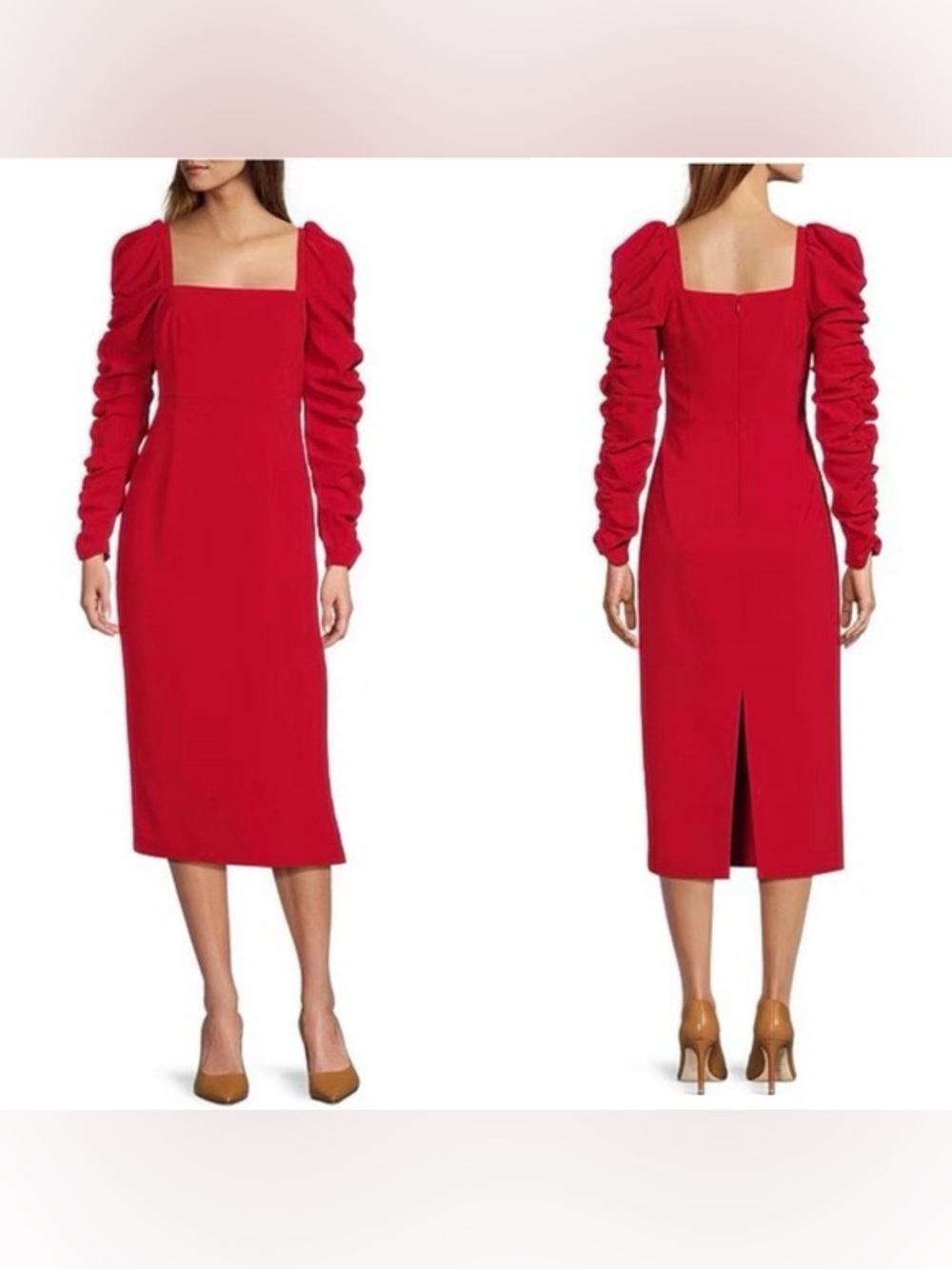Antonio Melani Francine Square Neck Long Ruched Sleeve Red Dress NEW Size 6